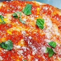 Calabria'S Crunchy Thin Upside Down Tomato Pie · Mozzarella cheese topped with marinara grated cheese olive oil and fresh basil