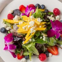 Tropical Salad · Mix greens, mango, mix berries, gorgonzola cheese, honey lemon vinaigrette.