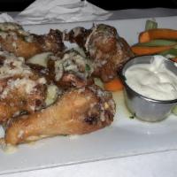 Small Buffalo Wings · Six wings, served with creamy blue cheese or ranch and carrots and celery.
