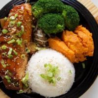 Salmon Teriyaki Sizzle Bop · Gluten-free. Broiled salmon in shitake garlic teriyaki sauce. GF OPTION: broiled with garlic...