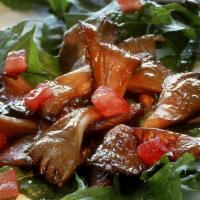 Crispy Mushrooms Salad · Fried mushrooms, fresh greens, tomato, pecorino-lemon dressing