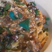 Fettuccine · Asparagus prosciutto-sausage ragout, creamy parmesan sauce