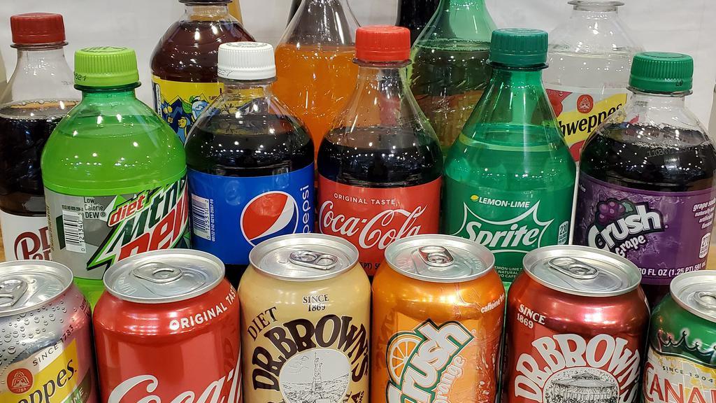 Soda · Coca Cola, Pepsi, Sprite, Canada Dry, Fanta, Dr. Brown, etc..