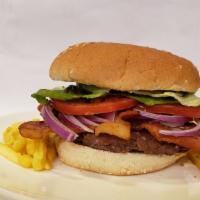 Bacon Burger · Homemade classic burger with bacon on hamburger bun