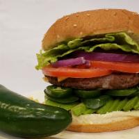 Mexican Burger · w/ tomato, jalapeño, onion, avocado, lettuce, and mayo on hanburger bun