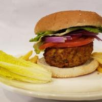 Veggie Burger · Homemade veggie burger on hamburger bun