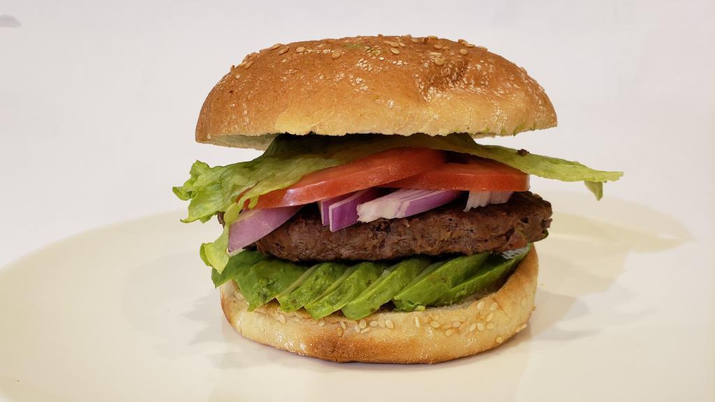 California Burger · w/ avocado, tomato, sprouts, onion, and lettuce on hamburger bun
