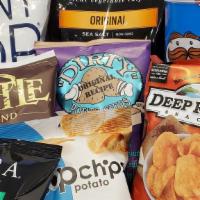 Chips · Deep River 1.5 oz, Kettle Brand 1.5 oz, Terra, Skinny Pop, Pringles, etc..