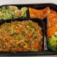 Salmon Steak · Served with fried rice and vegetables