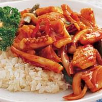 Ojingeo Dup Bop 오징어덮밥 · Stir-fried squid with spicy sauce over rice