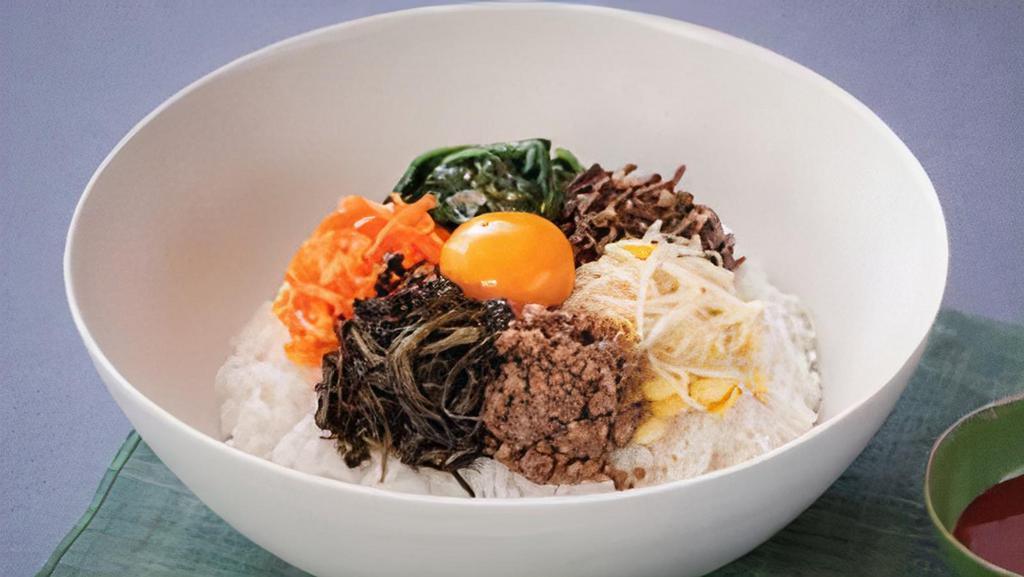 Bibimbop 비빔밥 · Mixed vegetables over rice with spicy hot sauce (gochujang)