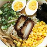 Miso Ramen · Miso, pork, cabbage, onion, bean sprout, scallions, corn, ginger, egg