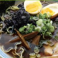 Shoyu Ramen · Soy sauce, pork, onion, corn, scallions, egg, bamboo shoots