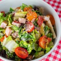 Chopped Antipasto Salad · Gem lettuce, assorted italian cured meats, provolone, artichokes, roasted peppers, pepperonc...