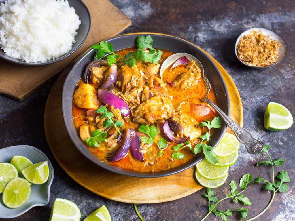 Massaman Curry Highnoon Special · Fragrant, rich, sweet and mild in spice. Served with your choice of protein, onion, potato and cashews. Gluten-free. Served with rice.