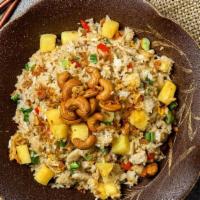 Pineapple Fried Rice Highnoon Special · Pineapple, red onion, green pepper, scallion, cashew nut with soy sauce. Gluten-free. Vegeta...