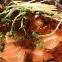 Salmon Sashimi With Ponzu Jelly · * Consuming raw or undercooked meats, poultry, seafood, shellfish or eggs may increase your ...