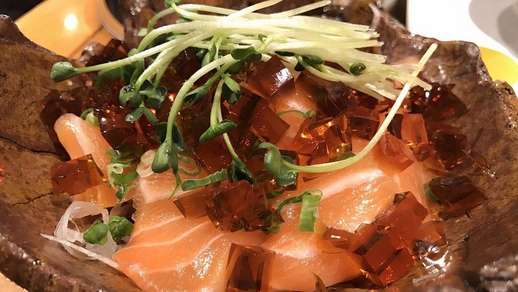 Salmon Sashimi With Ponzu Jelly · * Consuming raw or undercooked meats, poultry, seafood, shellfish or eggs may increase your risk of foodborne illness, especially if you have certain medical conditions.