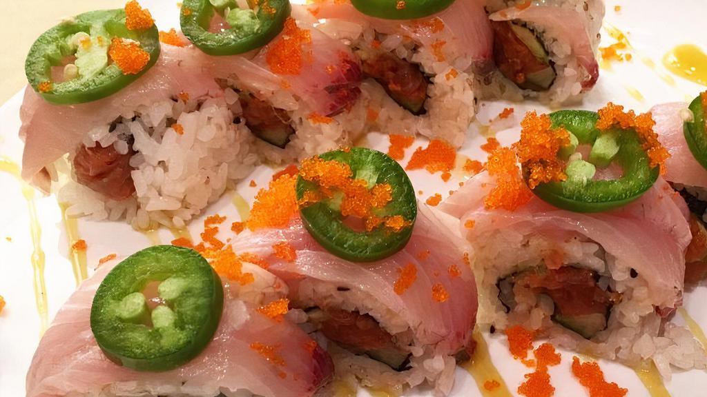 Hamachi Jalapeño Roll (8 Pcs) · Spicy tuna roll topped with hamachi, jalapeno slices and masago