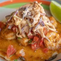 Camaron Taco · Shrimp, cheese, pico de gallo, chipotle, sour cream, green sauce, coleslaw.
