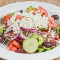 Horiatiki Salad(1-Pita) · Traditional Greek salad, tomato, cucumber, red onions, feta, Kalamata olives, and green pepp...