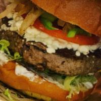 Pyramid Village Lamb Burger · Natural, grass fed, antibiotic and hormone free. Goat cheese, lettuce, tomato, sautéed onion...