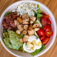 Uptown Cobb · romaine, grilled chicken, smashed avocado, smoked bacon, chopped hard boiled egg, blue chees...