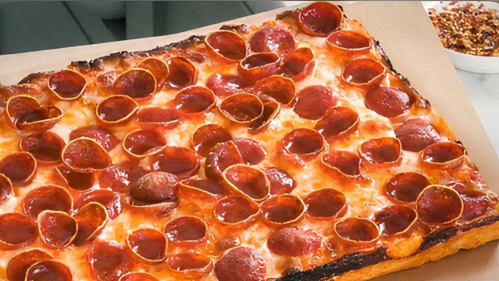 Sicilian Pepperoni Pizza Pie · Fresh sliced pepperoni, our stewed tomato based homemade marinara sauce, fresh grande Mozzarella cheese, the finest Parmigiano-Reggiano cheese aged three years from Italy prepared on a tuscan thin crust.
