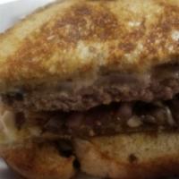 Patty Melt · Hamburger, grilled onions, roasted pepper mayo, swiss cheese on Rye Bread