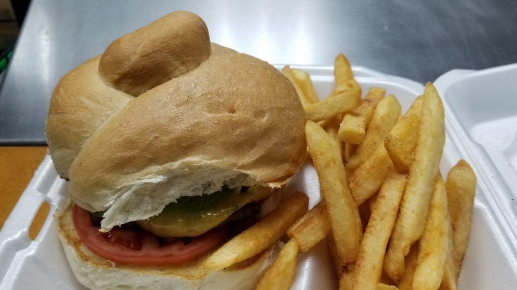 Cheeseburger And Fries · Burger w/ lettuce, tomatoes and mayo