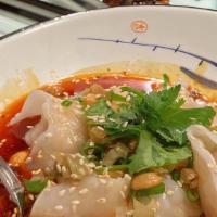 Sichuan Wontons (6) · Hot.Pork and shrimp wonton, Sichuan chili broth.