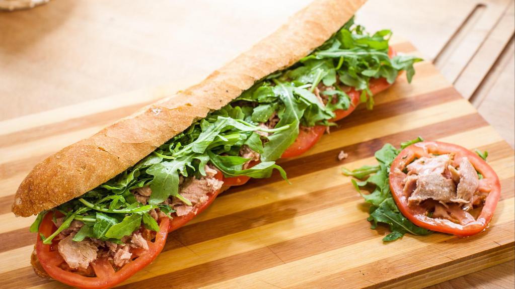 Amalfi Sandwich · Italian tuna in olive oil, organic arugula, organic tomatoes, and extra virgin olive oil.