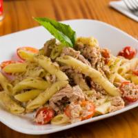 Pasta Tuna Salad · Organic Italian pasta, Italian tuna in olive oil, organic cherry tomato, and extra virgin ol...