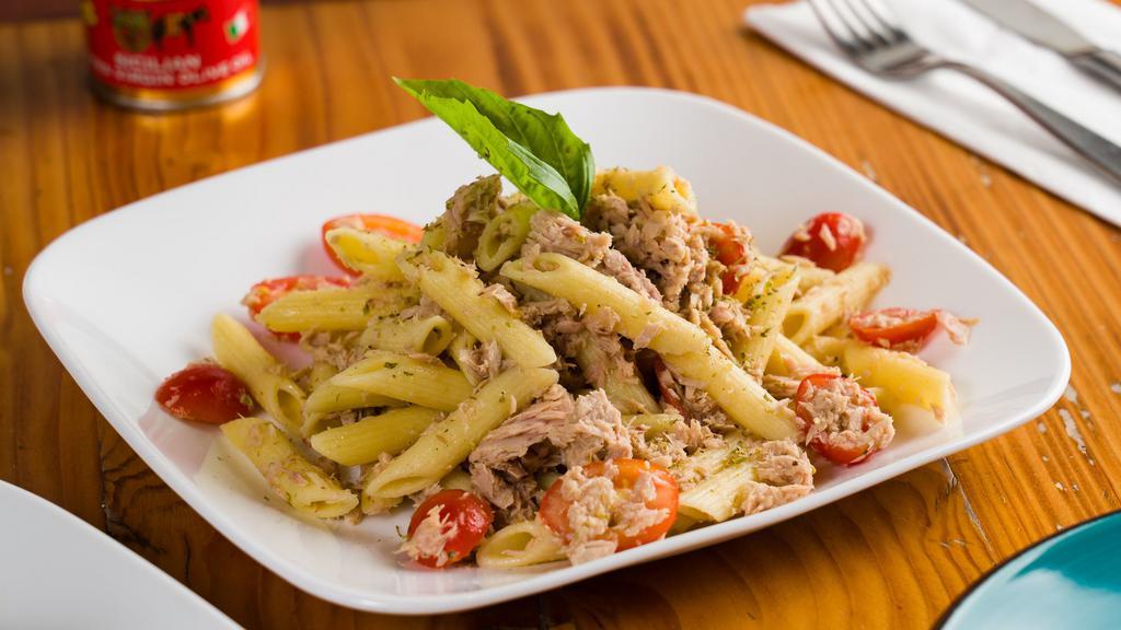 Pasta Tuna Salad · Organic Italian pasta, Italian tuna in olive oil, organic cherry tomato, and extra virgin olive oil.