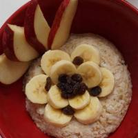 The Salted Roxy · Steel cut oatmeal (gluten free) with choice of milk. Topped with bananas, apples, raisins, s...