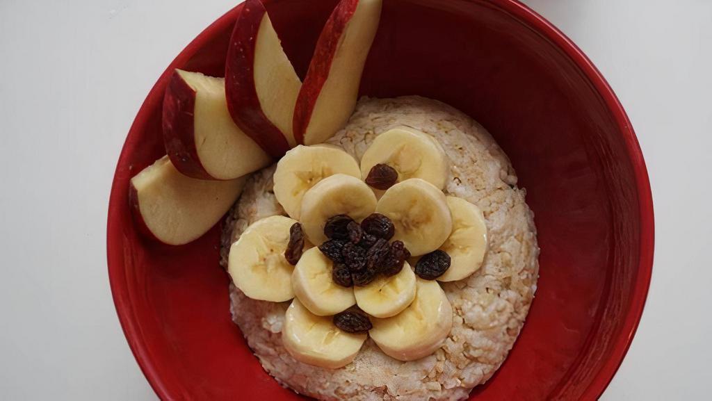 The Salted Roxy · Steel cut oatmeal (gluten free) with choice of milk. Topped with bananas, apples, raisins, sea salt and caramel.