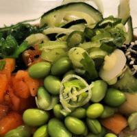 Green Vegan Poke Bowl · Choice of rice, toast or spinach, topped with avocado, scallions, sesame seeds, seaweed sala...