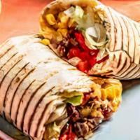 Mamacita Burrito · Large four tortilla wrapped with rice, black beans, pico de gallo, cheese, avocado sauce, so...