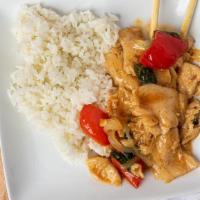 Thai Style Chicken · Sliced white meat, red pepper, onion, basil, Thai chili sauce.
