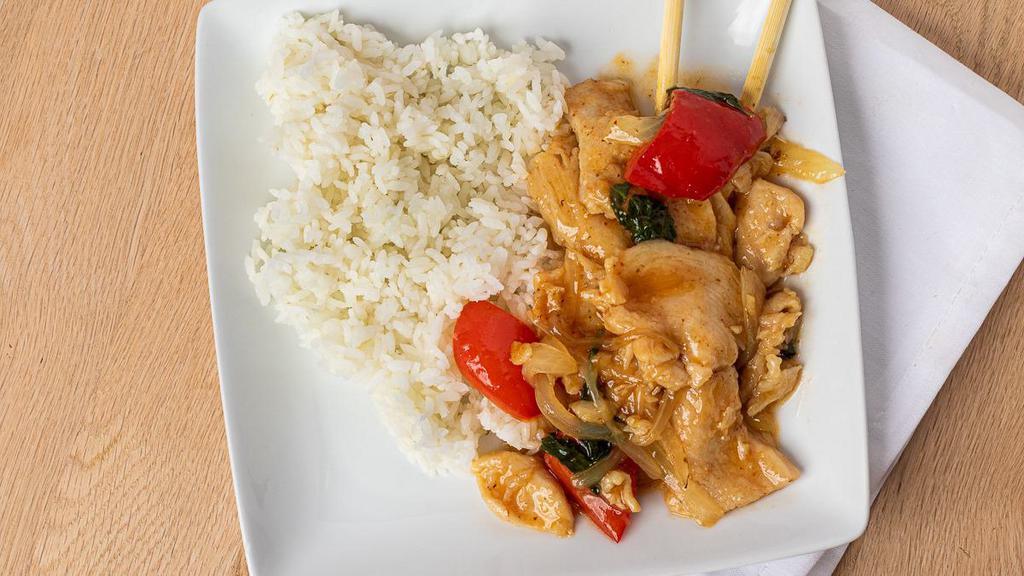 Thai Style Chicken · Sliced white meat, red pepper, onion, basil, Thai chili sauce.