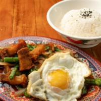 Kra Prow · Thai basil sauce with onion, string beans, bell pepper served with jasmine rice.