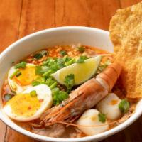 Tom Yum · Rice noodles soup with fish sauce chili fresh lime with minced pork, sliced pork, fish balls...