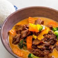 Mock Duck Curry · Panang curry sauce with string beans, broccoli and carrot.with side order of Jasmine rice