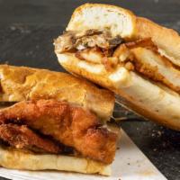 The Last Call · Chicken Cutlet, Grilled Mushrooms, Melted Mozzarella Cheese and Gravy all on a toasted Garli...