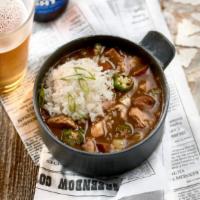 Cup Mama Blue’S Shrimp Gumbo · Fish, Andouille Sausage, Poached Shrimp, Okra, Steamed Rice.