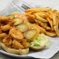 Shrimp Po' Boy · Shrimp, Lettuce, Tomato, Pickle, Mayo, Fries.