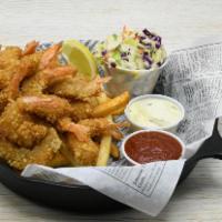 20 Fried Shrimp · Fried Shrimp, Fries, Coleslaw, Cocktail Sauce, Tartar Sauce.