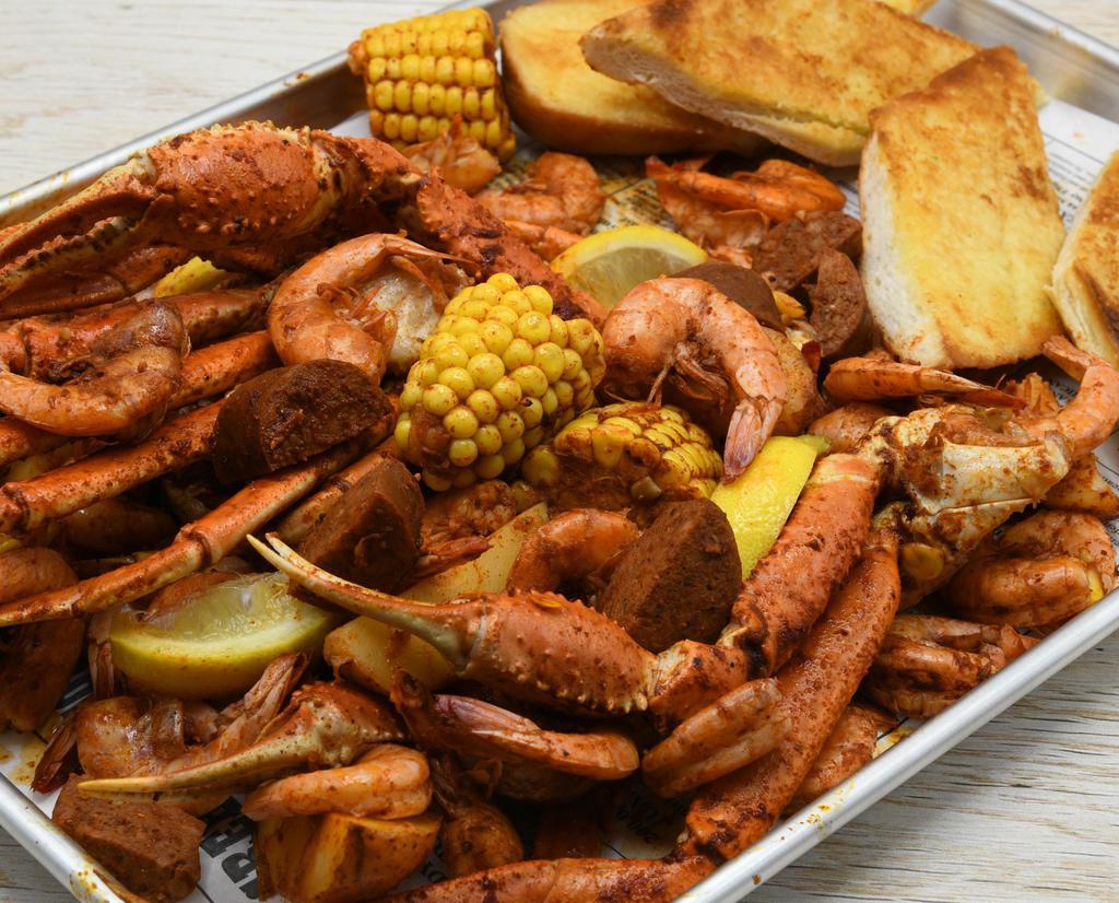 Crab And Shrimp Boil For Two · Snow Crab, Shrimp, Andouille Sausage, Corn on the Cob, Red Potatoes. Garlic or Cajun.