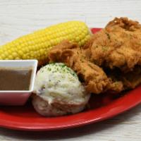 Mama’S Southern Fried Chicken · Boneless Chicken Breast, Corn on the Cob, Mashed Potatoes and Gravy.