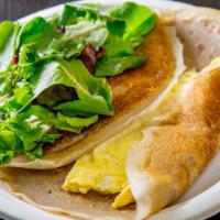 Crepe With Scrambled Eggs And Swiss Cheese · Gluten free. Served with a side of mesclun mix salad. Made with buckwheat flour imported fro...